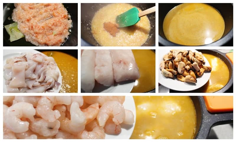 Sopa de pescado y marisco preparación