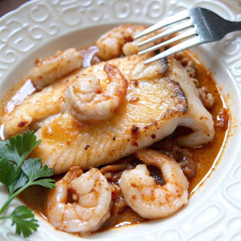 Filetes de pescado con gambas al pilpil