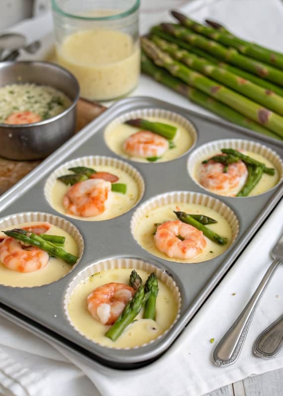 Flanes de espárragos y gambas preparándose