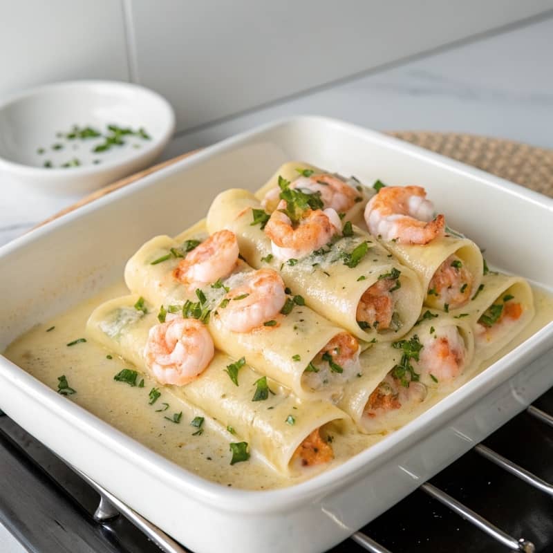 Canelones rellenos de gambas fuente