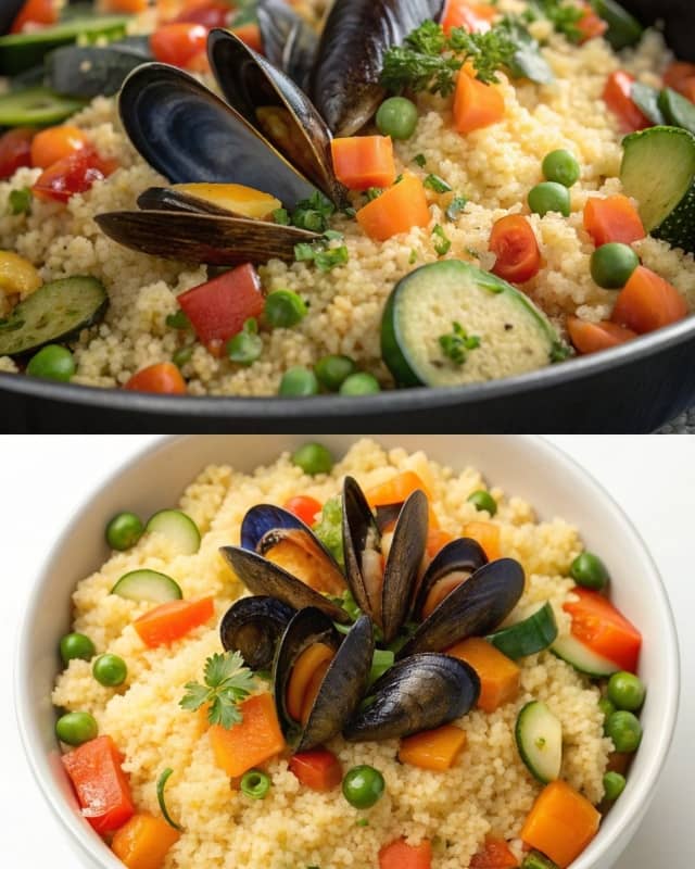 Cuscús con verduras y mejillones haciéndose