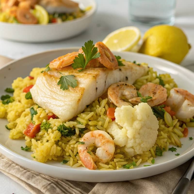Arroz de bacalao gambas y coliflor