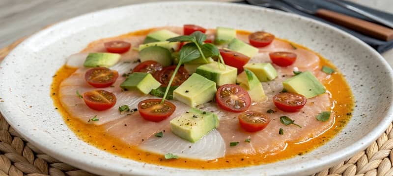 Carpaccio de bacalao ahumado con salsa de salmorejo