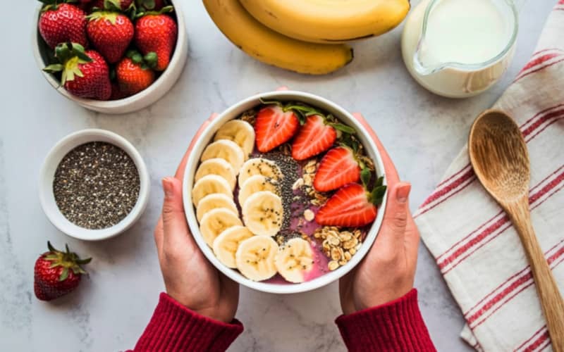 Bowl de desayuno ecológico con avena cacao yproteína vegetal