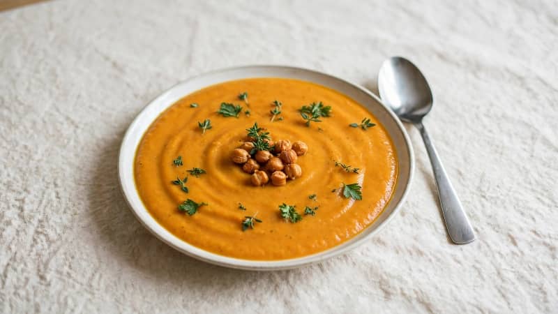 Crema de calabaza y zanahoria con garbanzos ecológicos crujientes